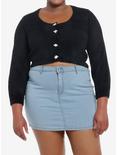 Sweet Society Black Fuzzy Rosette Buttons Crop Girls Cardigan Plus Size, BLACK, hi-res