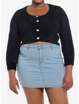Sweet Society Black Fuzzy Rosette Buttons Crop Girls Cardigan Plus Size, , hi-res
