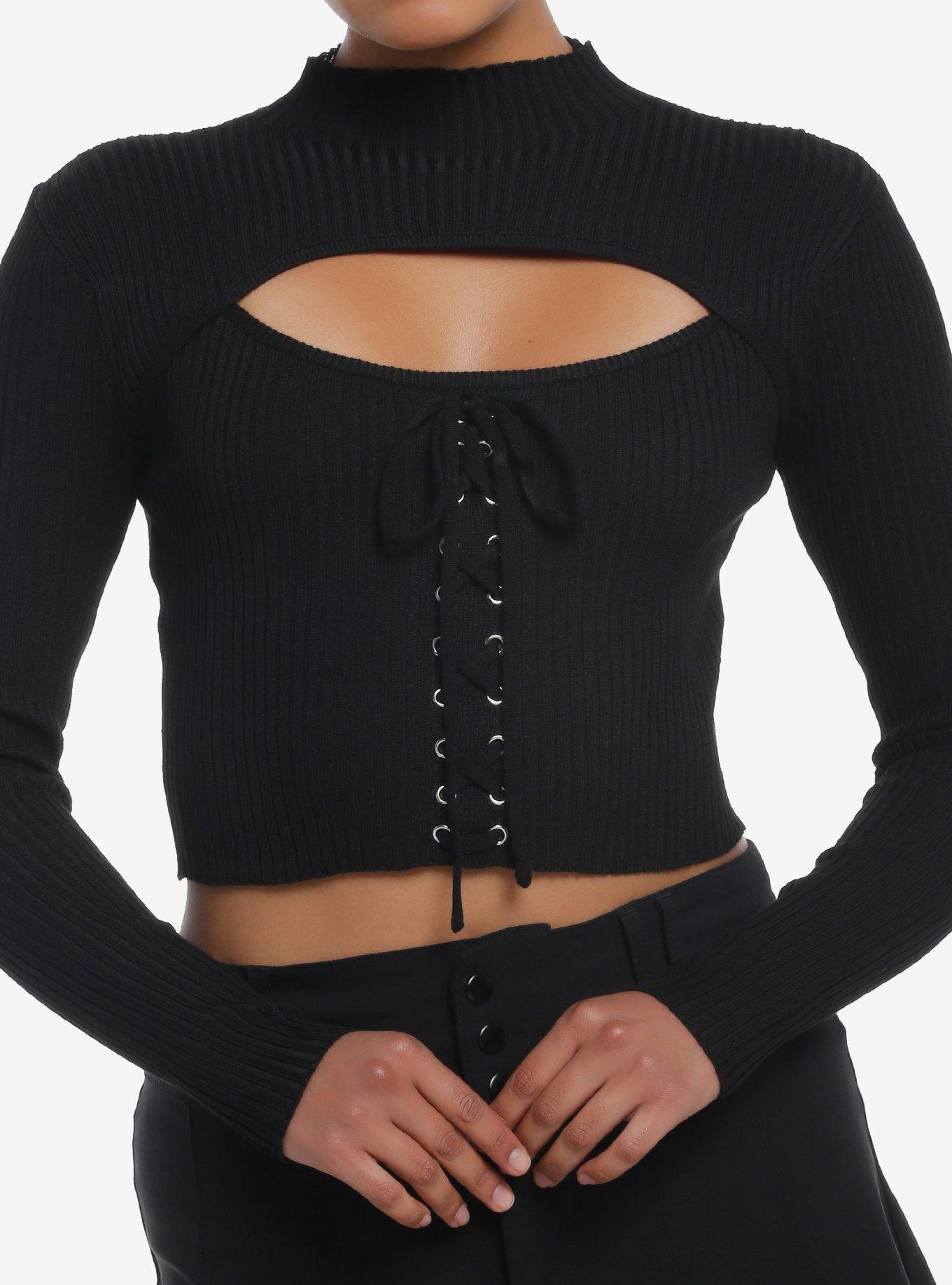 Cosmic Aura Black Lace-Up Mock Neck Girls Long-Sleeve Top