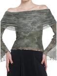 Thorn & Fable Green Mesh Off-The-Shoulder Girls Long-Sleeve Top, OLIVE, hi-res