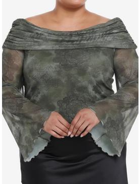 Thorn & Fable Green Mesh Off-The-Shoulder Girls Long-Sleeve Top Plus Size, , hi-res