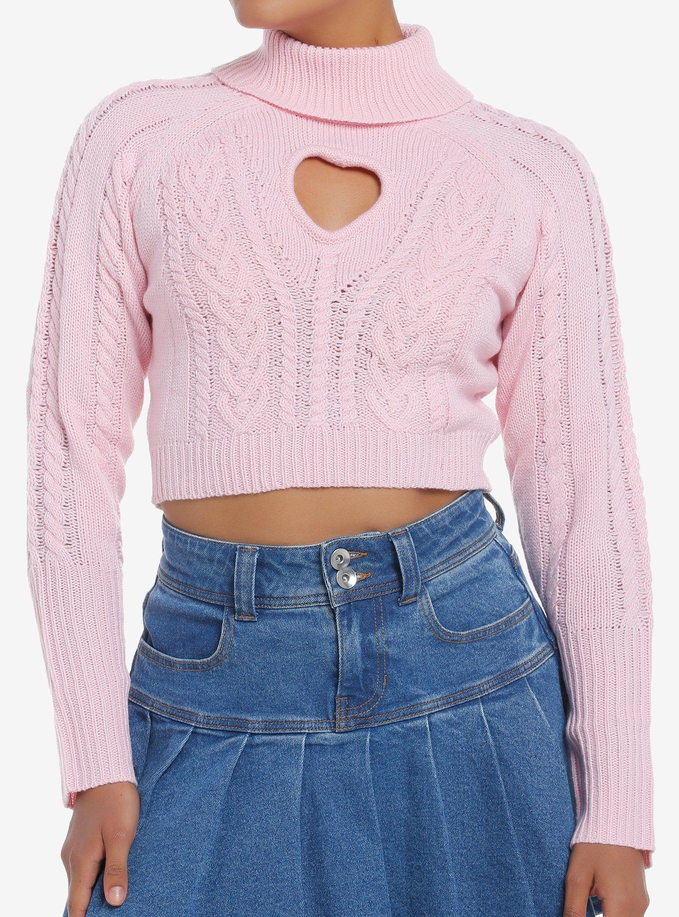 Sweet Society Pastel Pink Cable Knit Heart Girls Turtleneck Sweater
