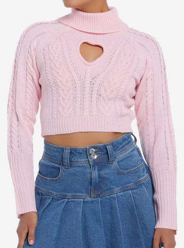 Sweet Society Pastel Pink Cable Knit Heart Girls Turtleneck