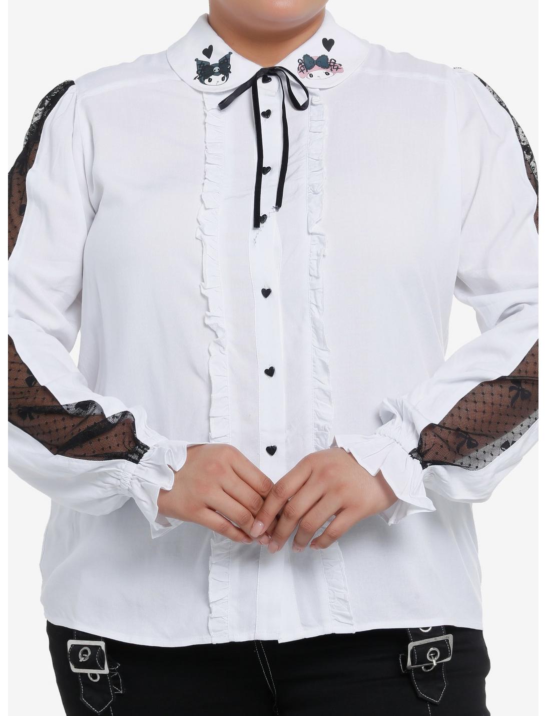 My Melody & Kuromi Mesh Long-Sleeve Woven Button-Up Plus Size, MULTI, hi-res
