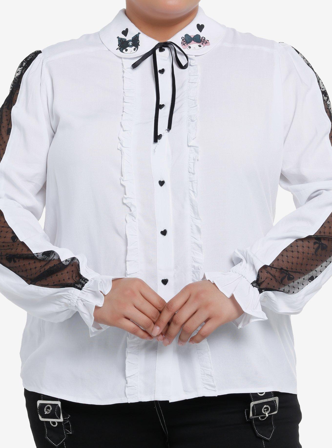My Melody & Kuromi Mesh Long-Sleeve Woven Button-Up Plus Size, MULTI, hi-res