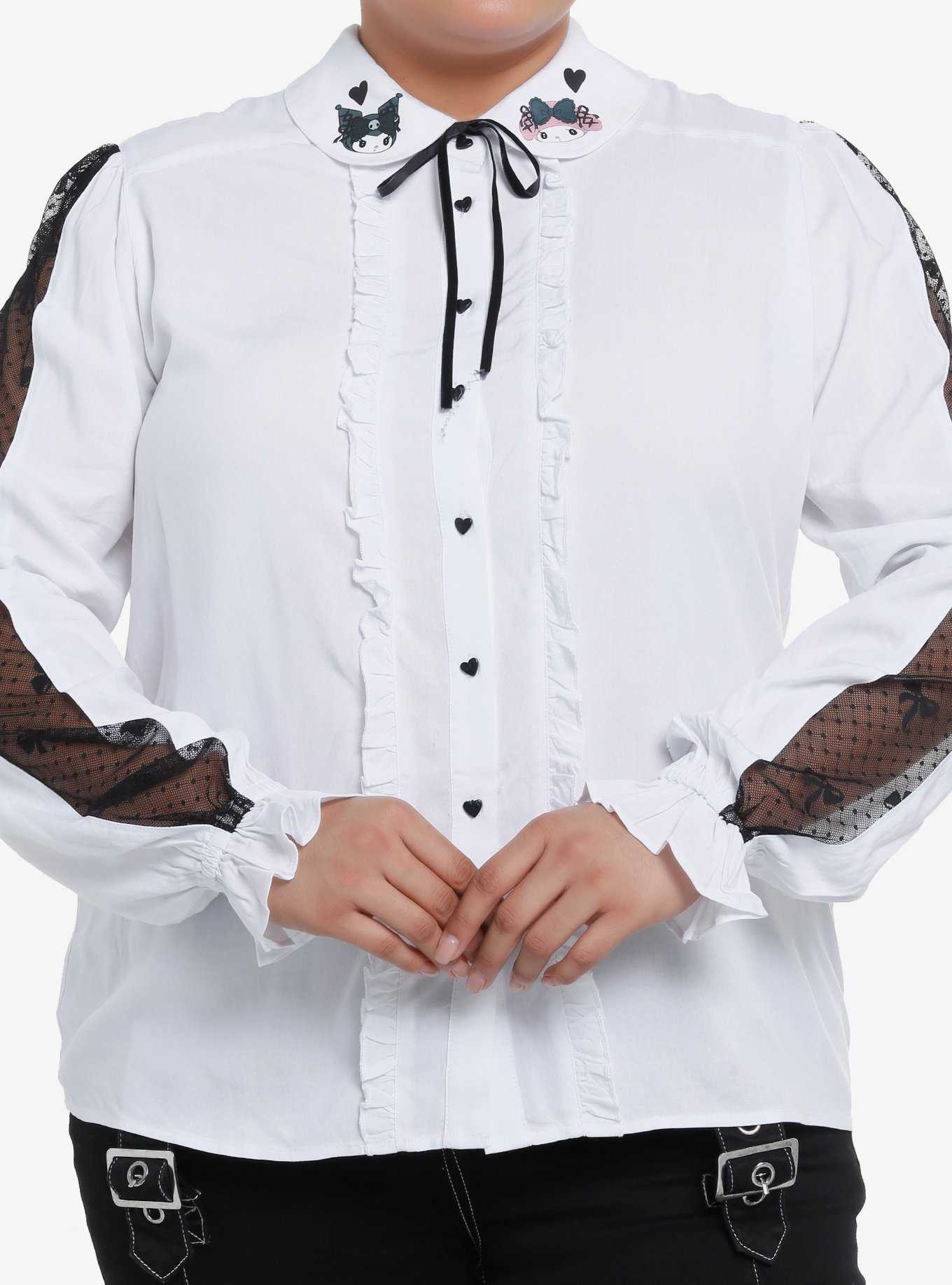 My Melody & Kuromi Mesh Long-Sleeve Woven Button-Up Plus Size, , hi-res