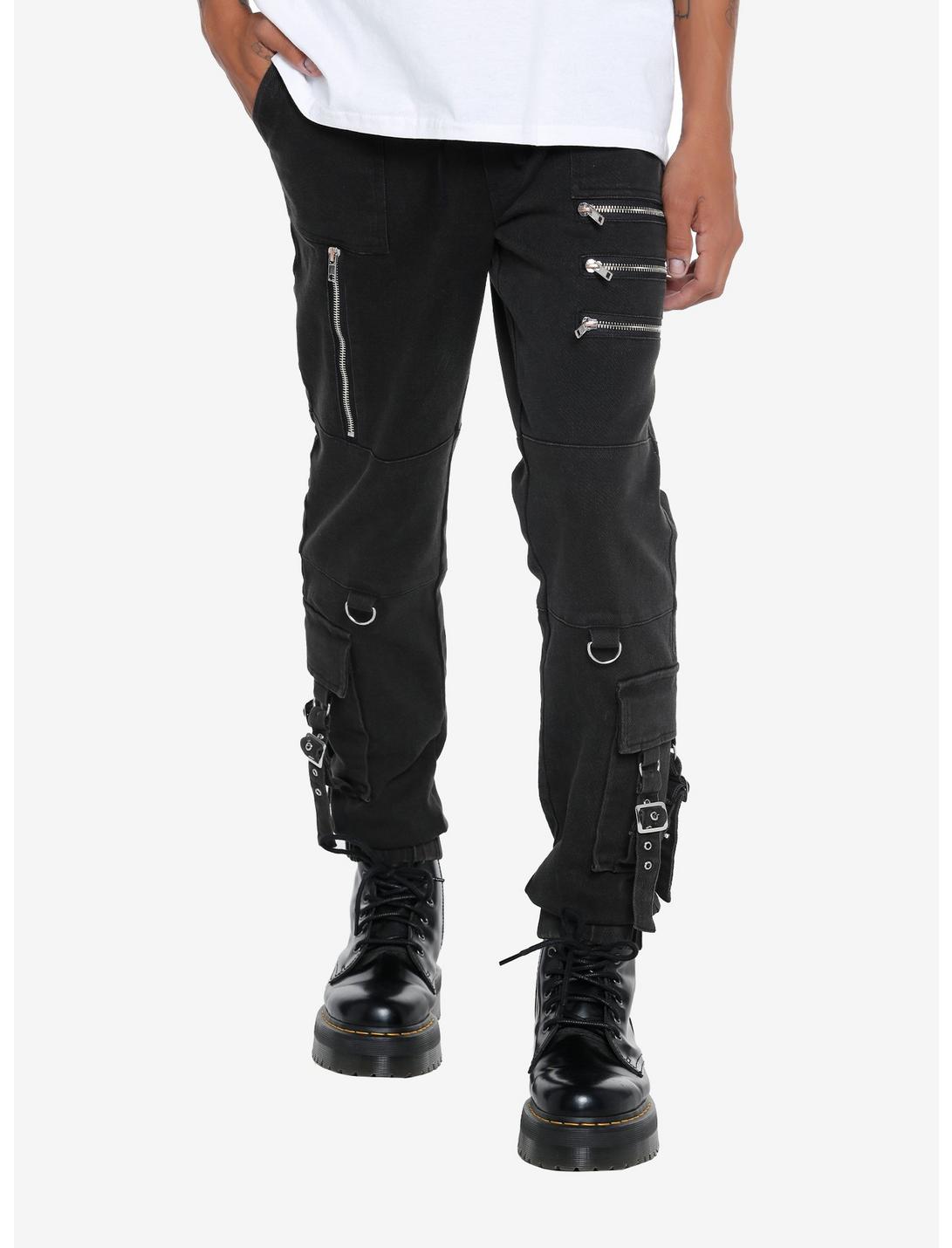 Black Grommet Straps & Zippers Jogger Pants, BLACK, hi-res