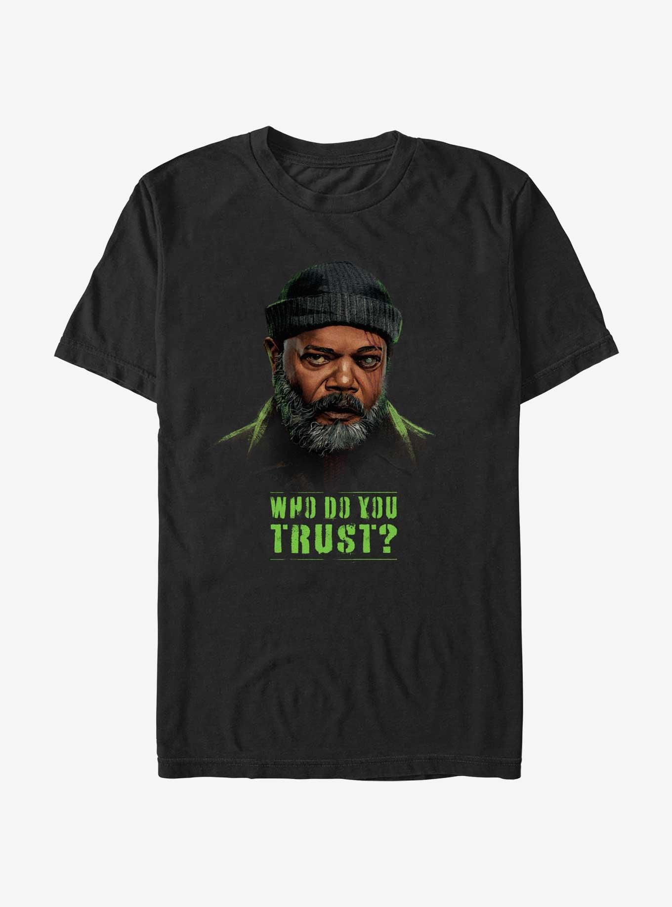 Marvel Secret Invasion Nick Fury Who Do You Trust Poster T-Shirt, BLACK, hi-res