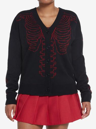 Social Collision Red & Black Rib Cage Knit Girls Cardigan | Hot Topic