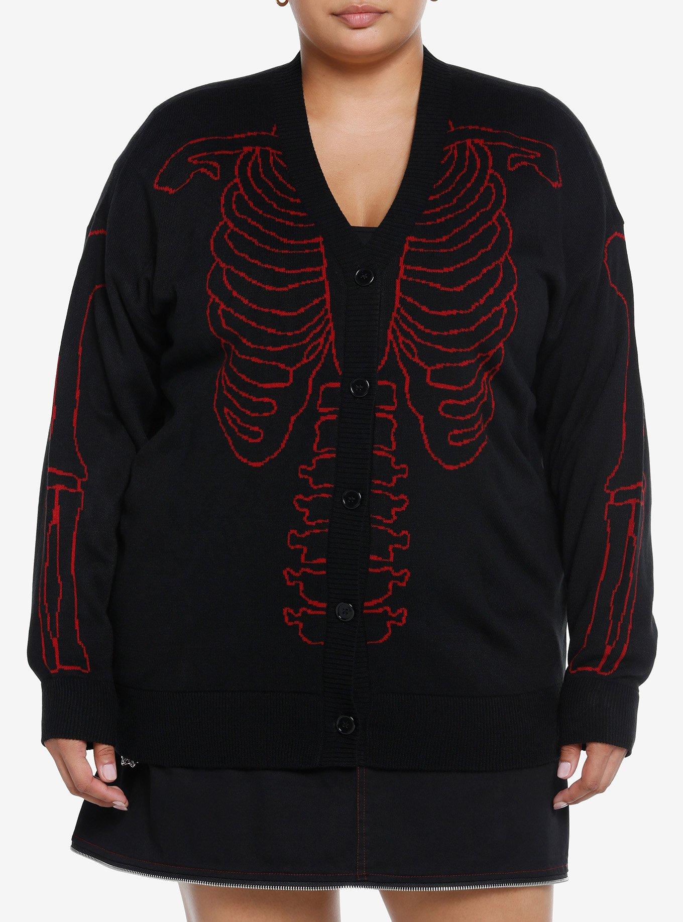 Social Collision Red & Black Rib Cage Knit Girls Cardigan Plus Size, RED, hi-res