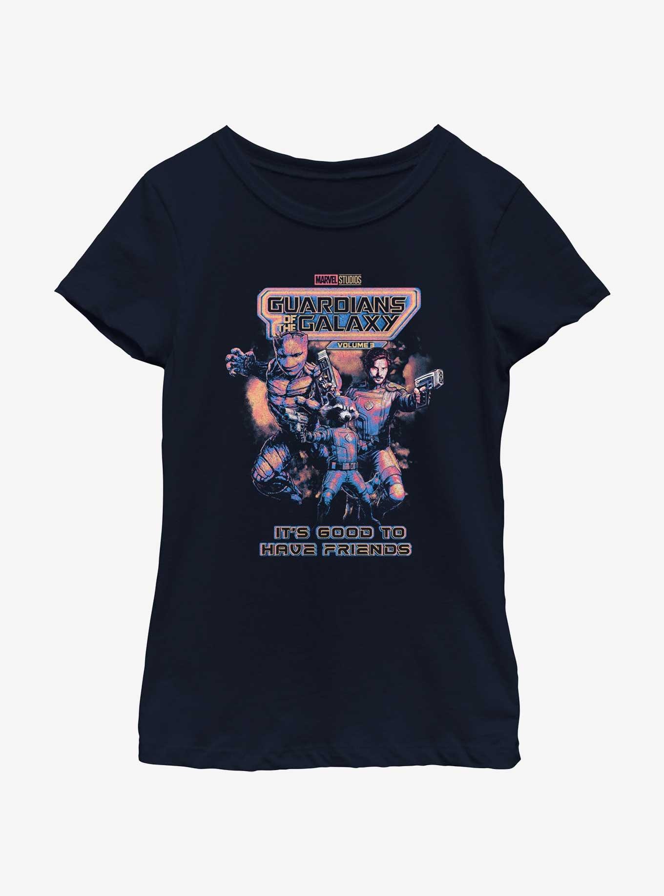 Marvel Guardians of the Galaxy Vol. 3 It's Good To Have Friends Poster Youth Girls T-Shirt, NAVY, hi-res