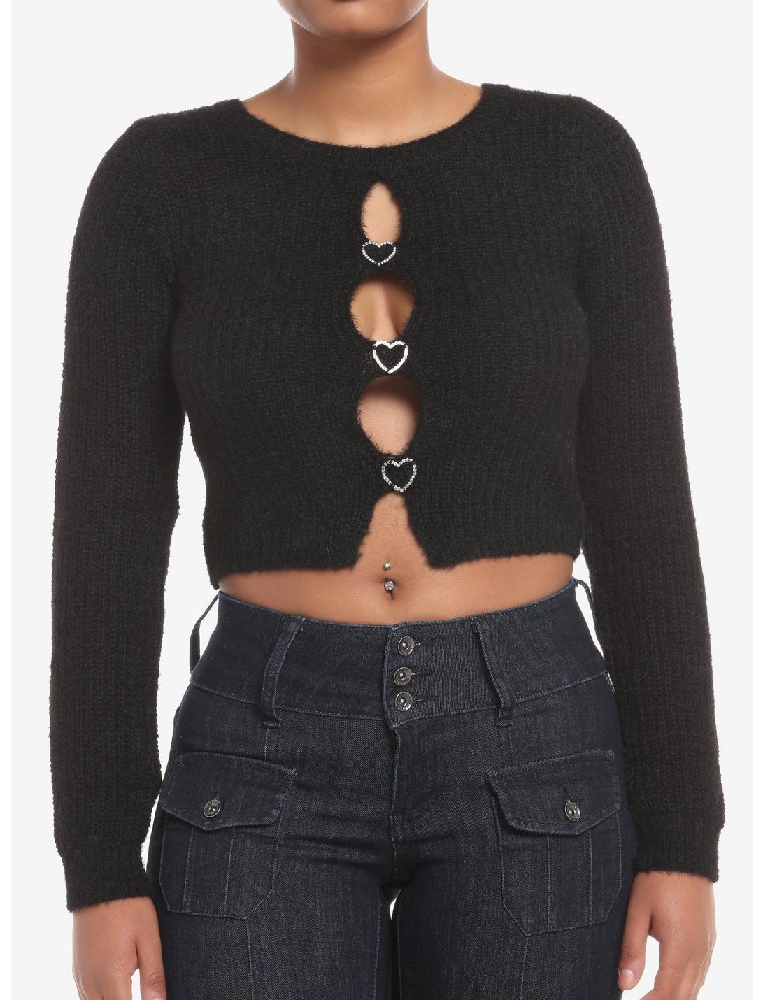 Black Fuzzy Heart Bling Cut-Out Girls Crop Sweater, IVORY, hi-res