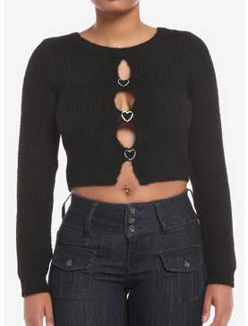 Black Fuzzy Heart Bling Cut-Out Girls Crop Sweater, , hi-res