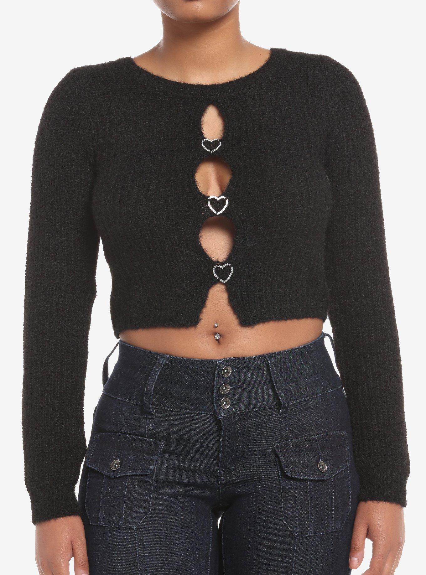 Black Fuzzy Heart Bling Cut-Out Girls Crop Sweater, IVORY, hi-res