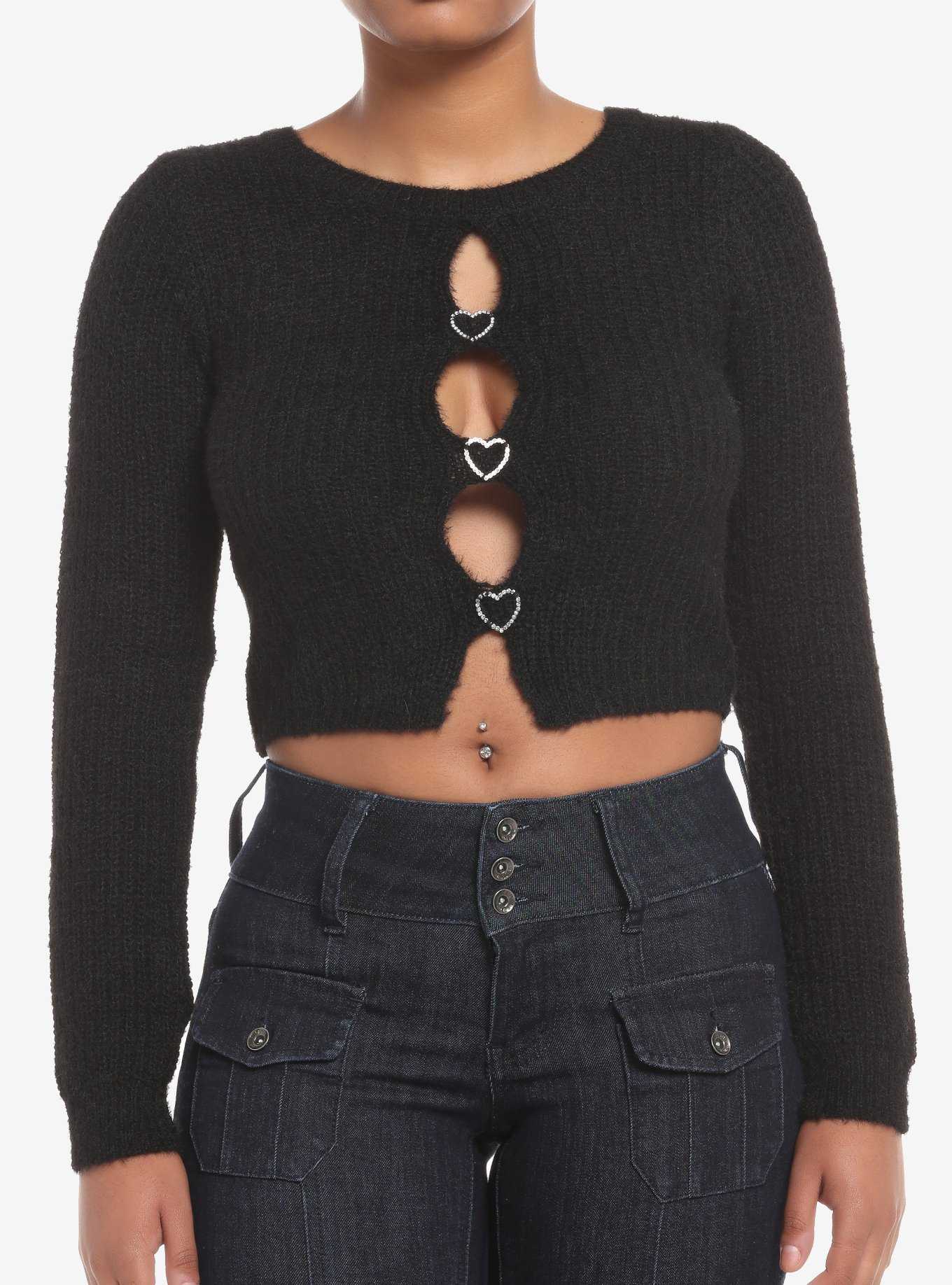 Black Fuzzy Heart Bling Cut-Out Girls Crop Sweater, , hi-res