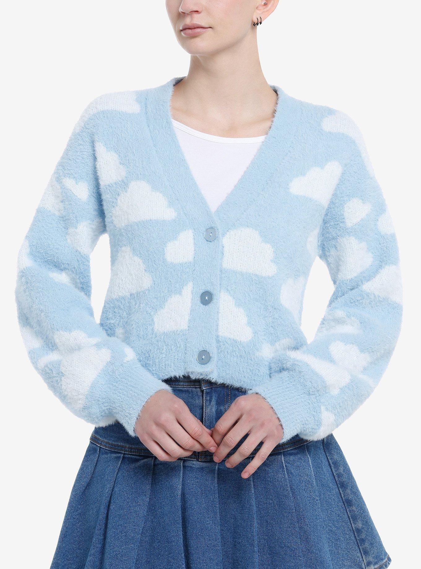 Pastel Blue Clouds Fuzzy Girls Crop Cardigan | Hot Topic