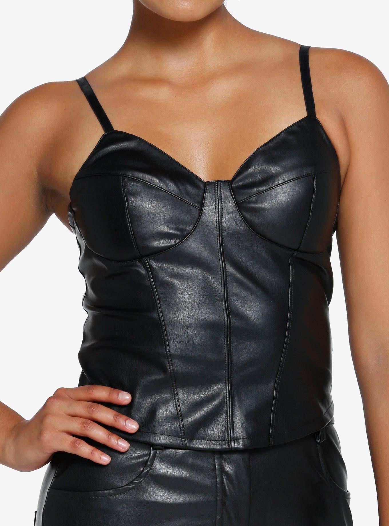 Black faux leather bustier hot sale top