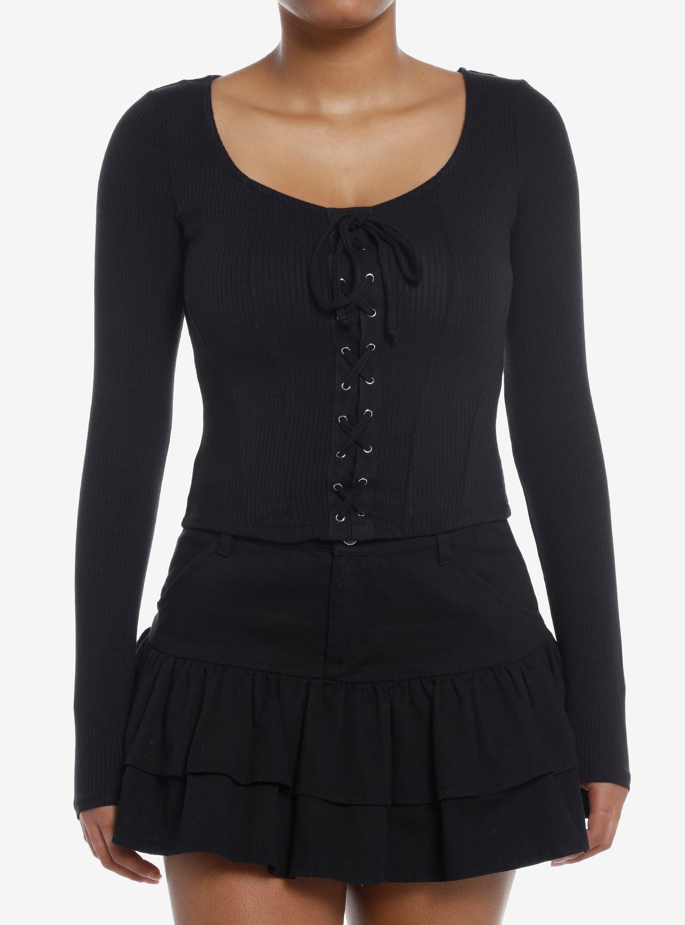 Black Lace-Up Ribbed Girls Long-Sleeve Top, , hi-res