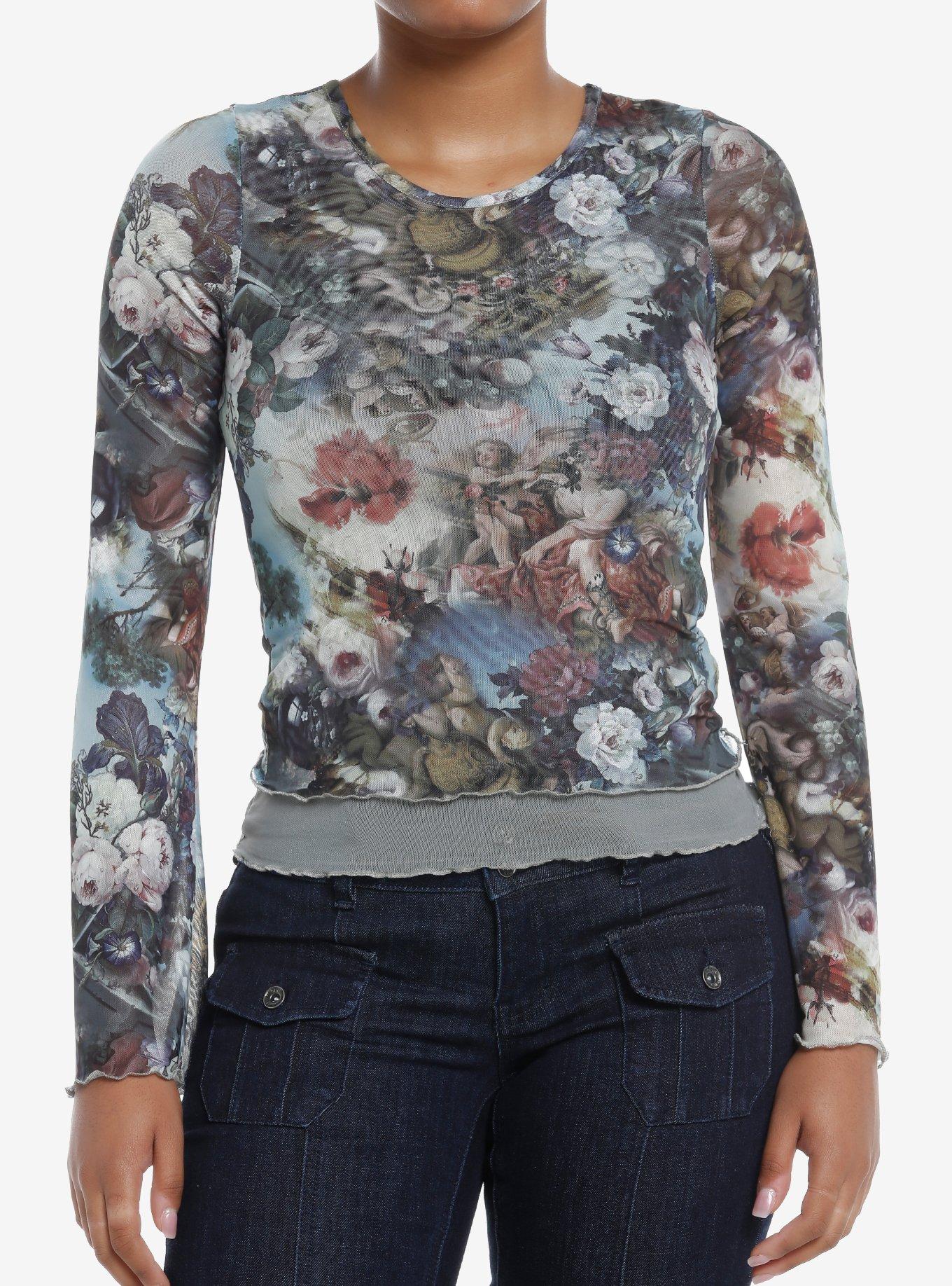 Angels & Flowers Mesh Girls Long-Sleeve Top, BLACK, hi-res