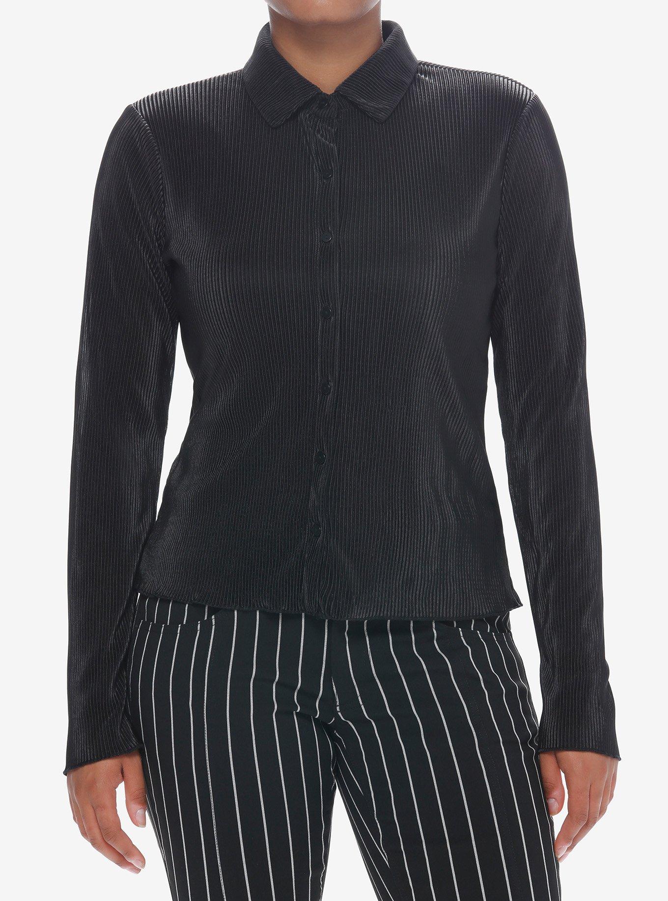 Black Plisse Girls Long-Sleeve Top, BLACK, hi-res