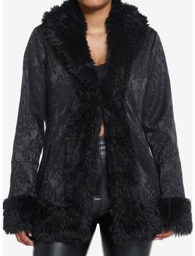 Cosmic Aura Black Brocade Faux Fur Trim Girls Jacket, , hi-res