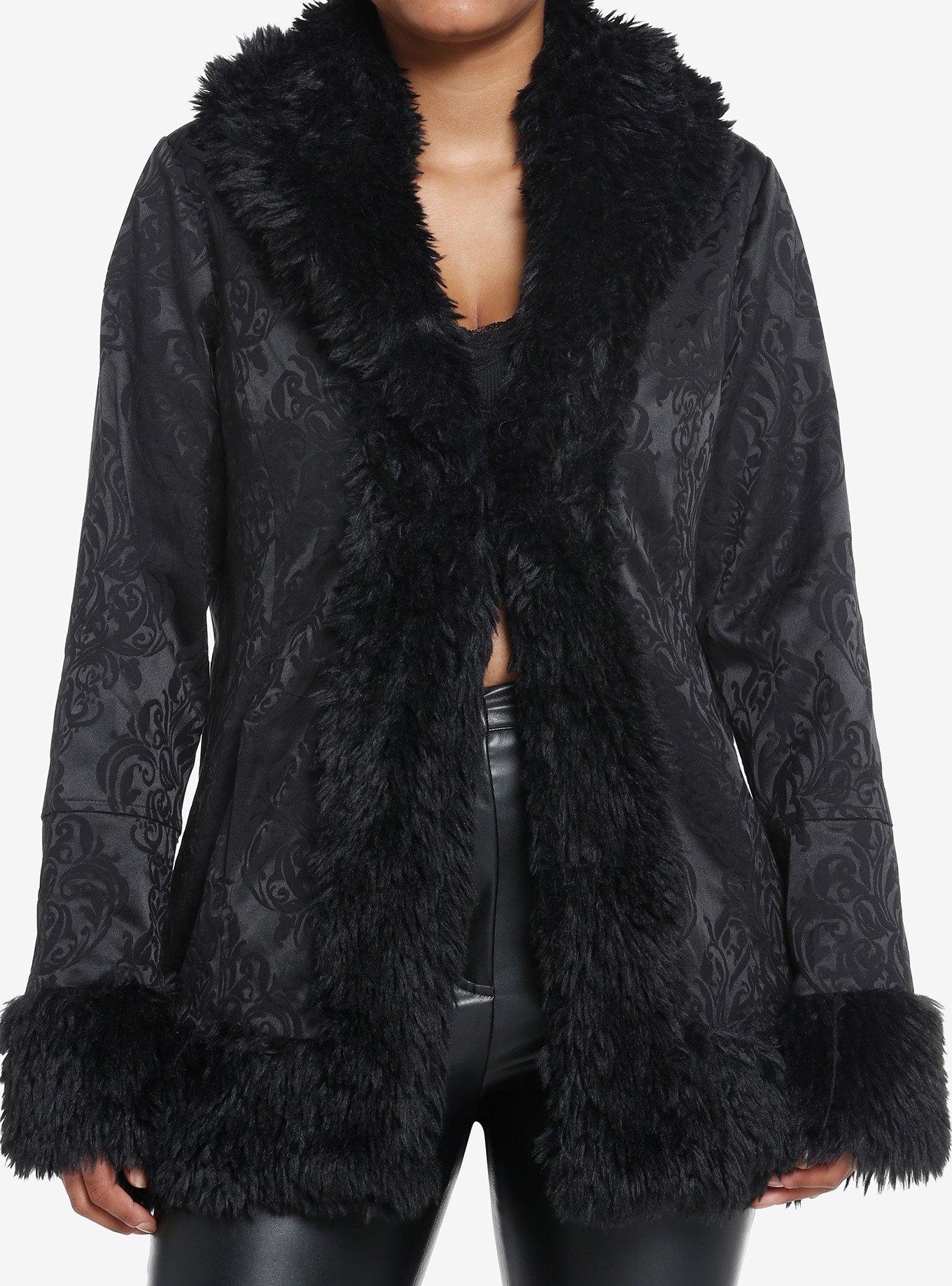 Cosmic Aura Black Brocade Faux Fur Trim Girls Jacket, BLACK, hi-res