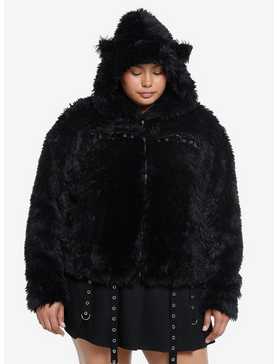 Cosmic Aura Black Cat Grommet Faux Fur Girls Jacket Plus Size, , hi-res