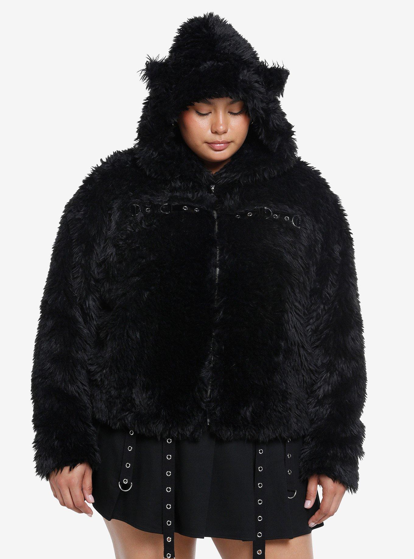 Cosmic Aura Black Cat Grommet Faux Fur Girls Jacket Plus Size