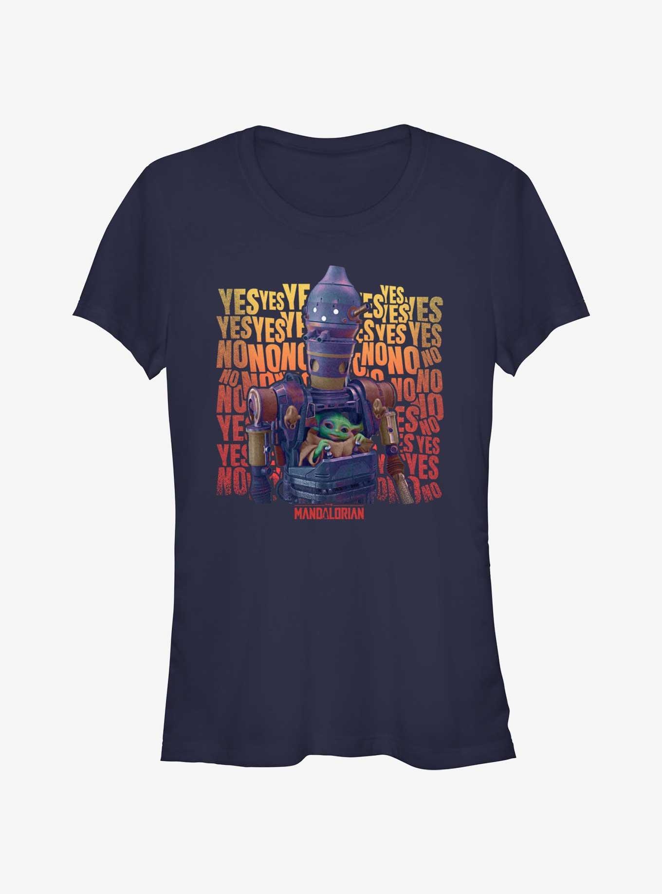 Star Wars The Mandalorian Grogu & IG-12 Yes No Girls T-Shirt Hot Topic Web Exclusive, NAVY, hi-res
