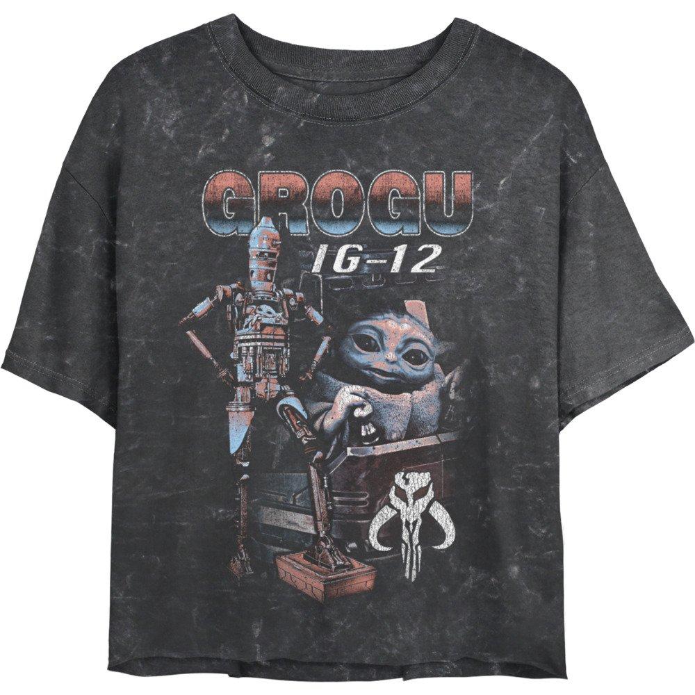 Star Wars The Mandalorian Grogu & IG-12 Mineral Wash Girls Crop T-Shirt, BLACK, hi-res