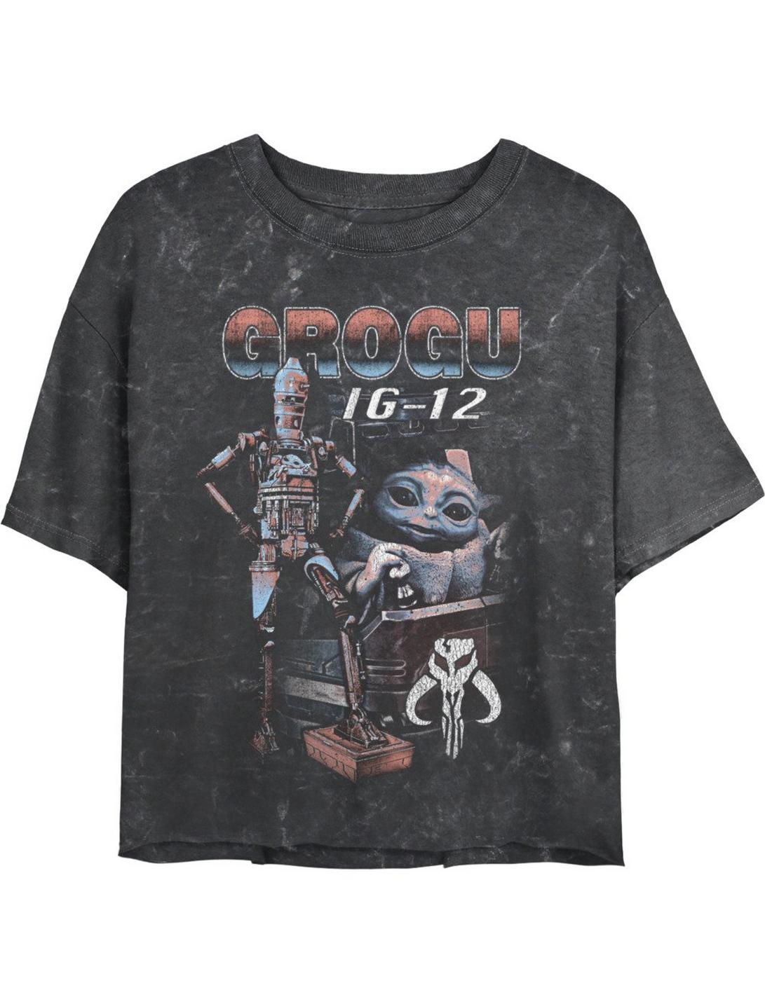 Star Wars The Mandalorian Grogu & IG-12 Mineral Wash Womens Crop T-Shirt, BLACK, hi-res