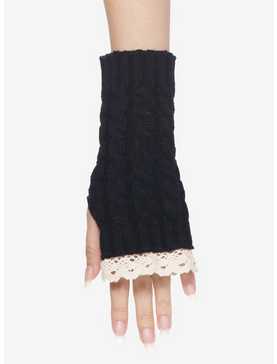 White Contrast Lace Knit Arm Warmers, , hi-res
