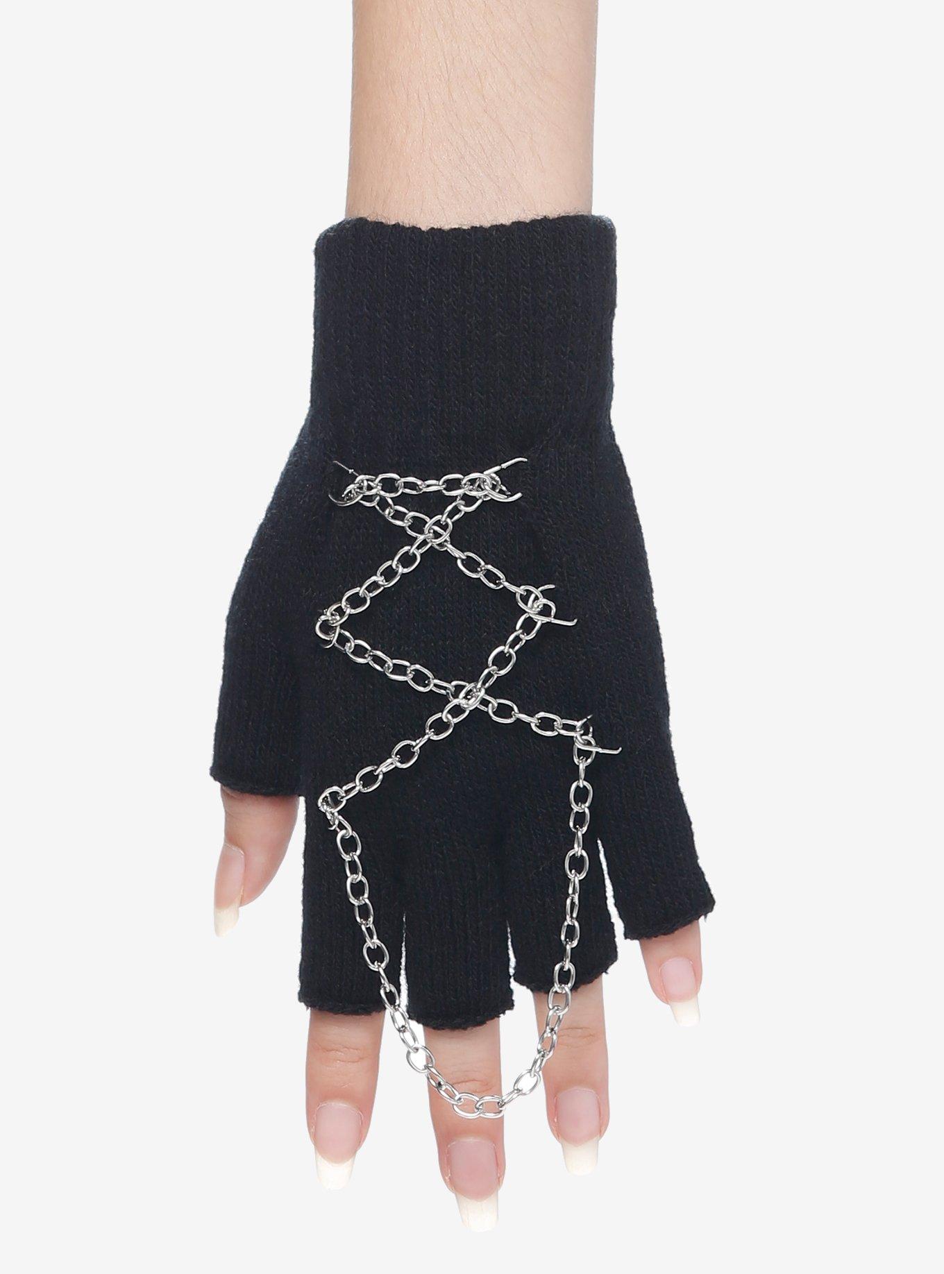 Chain Lace-Up Fingerless Gloves, , hi-res