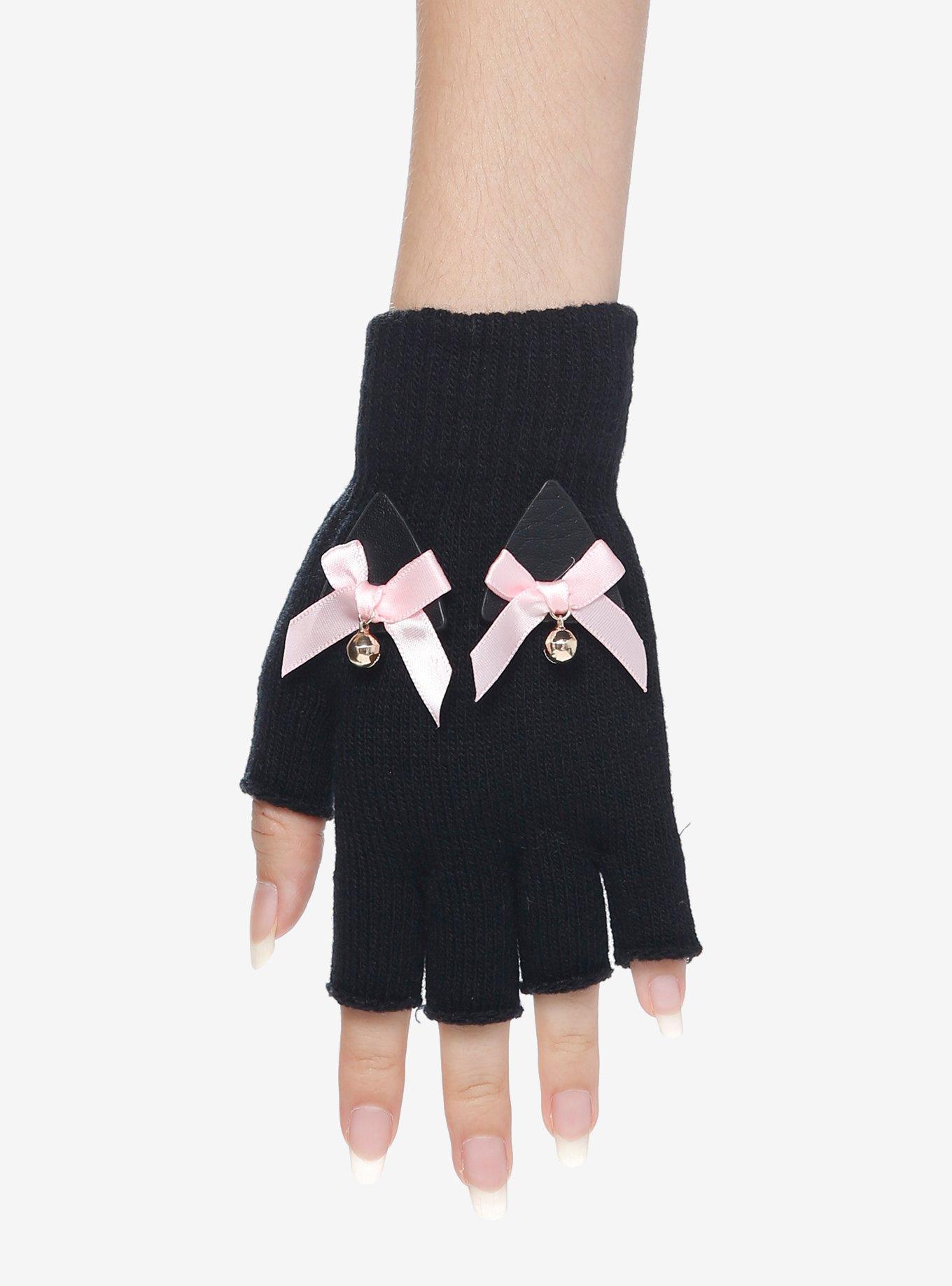 Cat Ear Bell Bows Fingerless Gloves, , hi-res