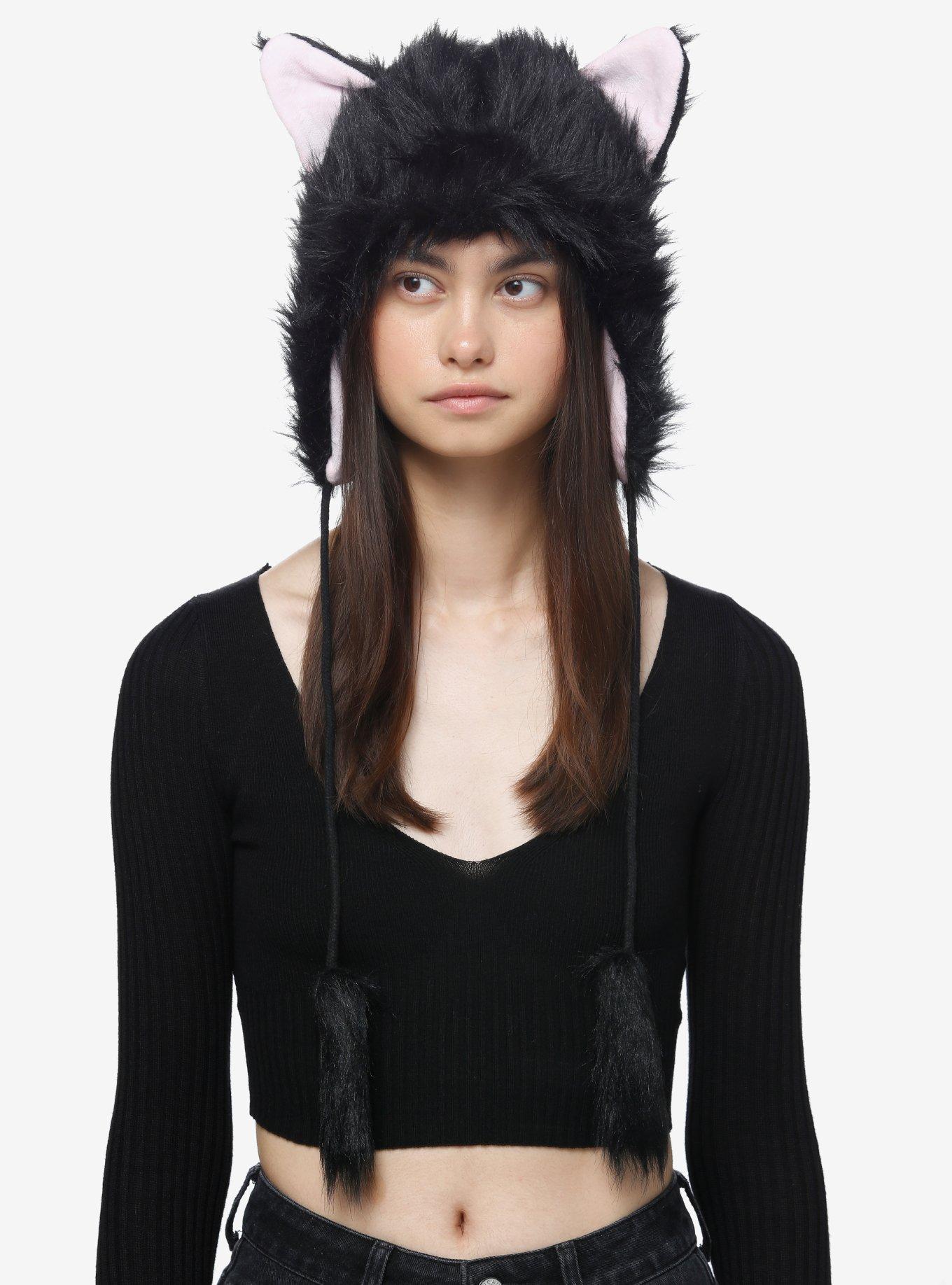 Black Cat Fuzzy Tassel Beanie, , hi-res