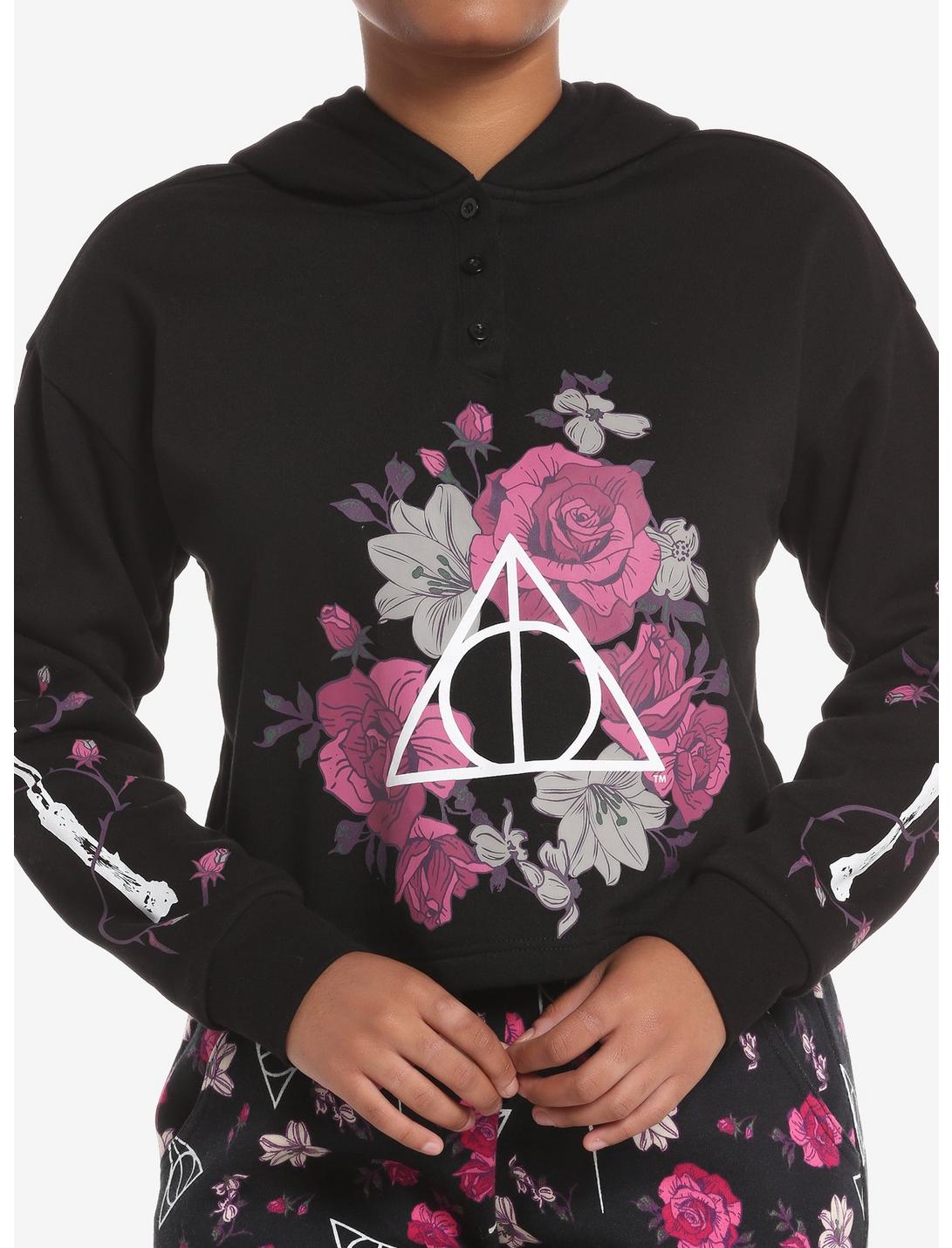 Harry Potter Deathly Hallows Floral Crop Hoodie, BLACK FLORAL, hi-res