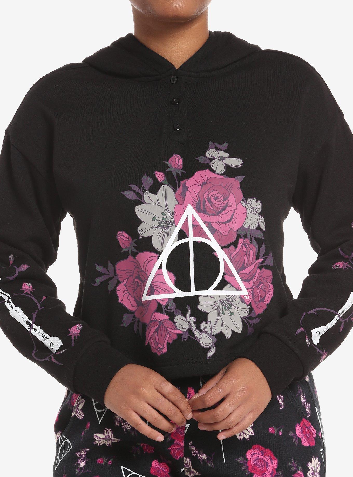 Harry Potter Deathly Hallows Floral Crop Hoodie, BLACK FLORAL, hi-res