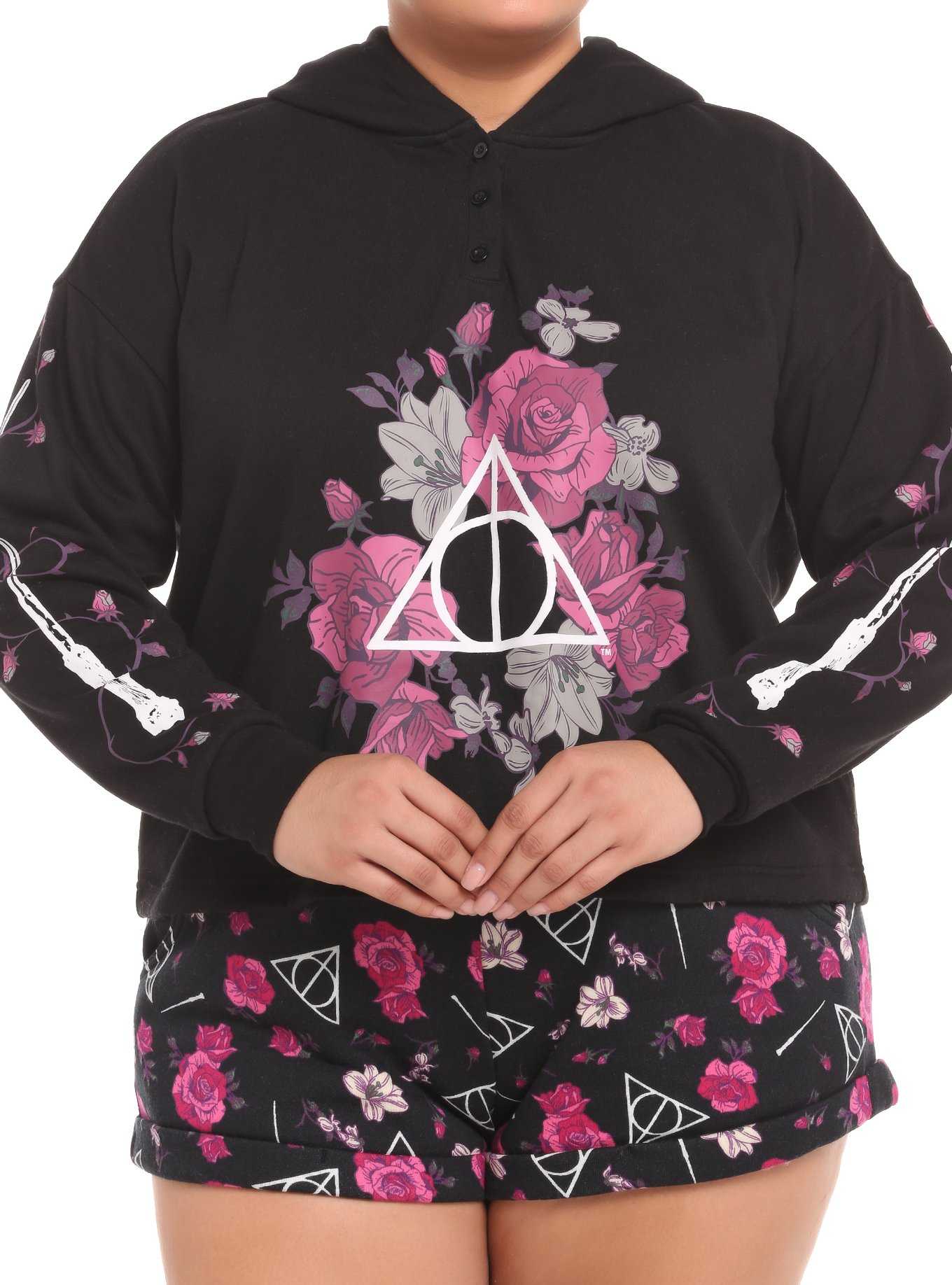 Harry Potter Deathly Hallows Floral Crop Hoodie Plus Size, , hi-res