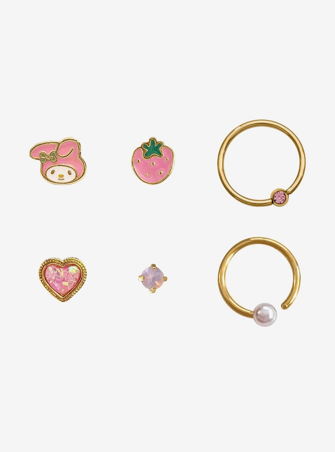 Steel Gold My Melody Strawberry Nose Stud & Captive Hoop 6 Pack, MULTI, hi-res