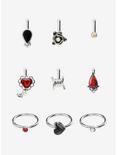 Steel Gothic Heart Rose Gem Nose Stud & Hoop 9 Pack, RED, hi-res