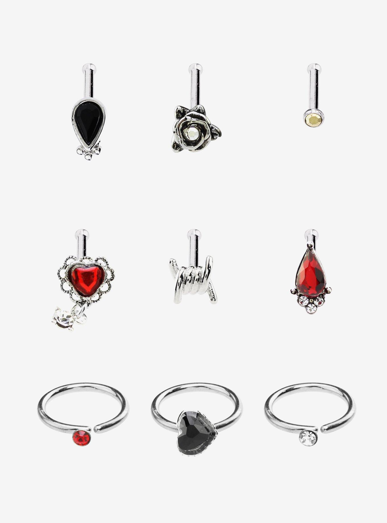 Steel Gothic Heart Rose Gem Nose Stud & Hoop 9 Pack | Hot Topic