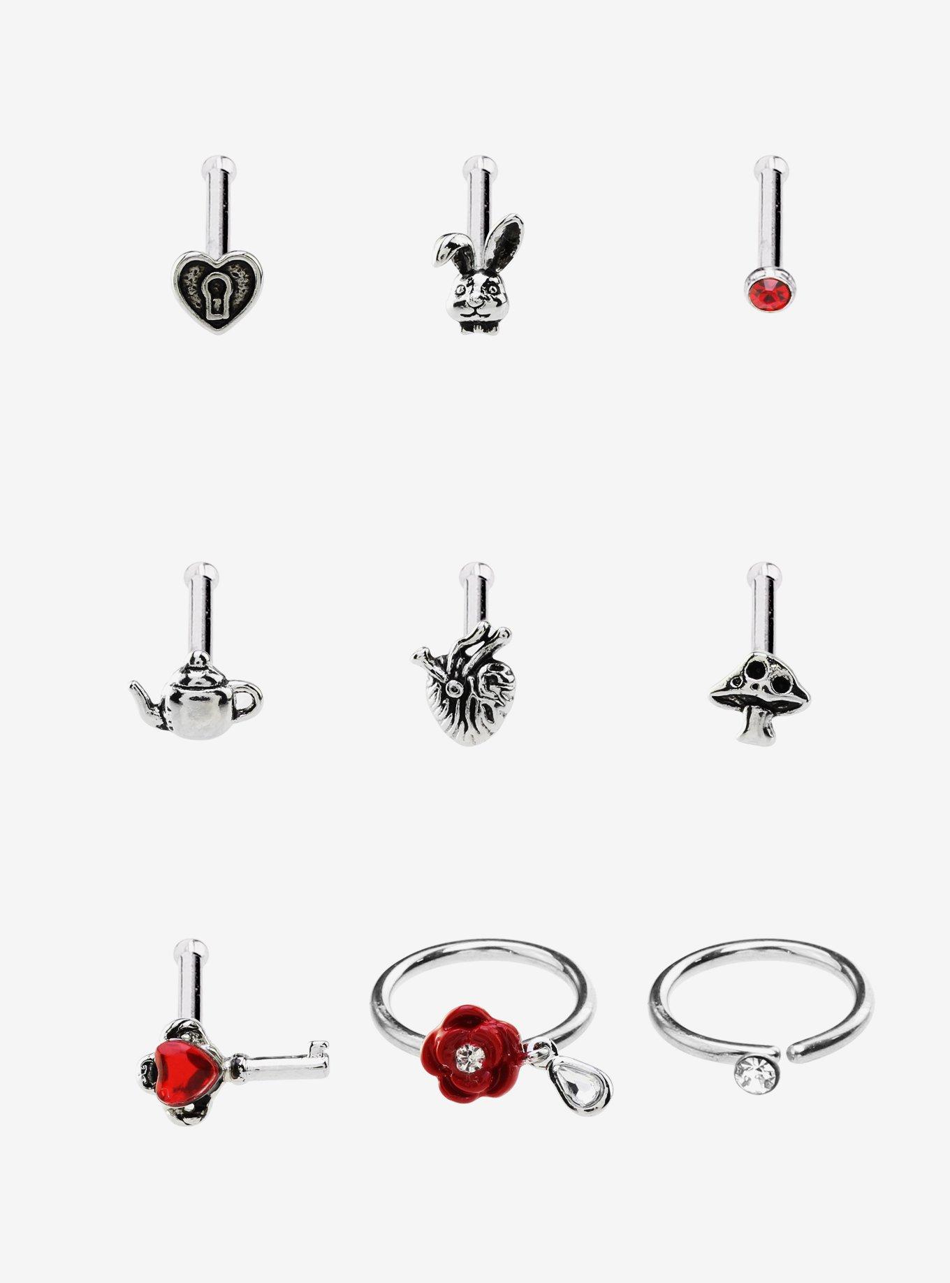 Steel Adventures In Wonderland Nose Stud & Hoop 9 Pack, , hi-res