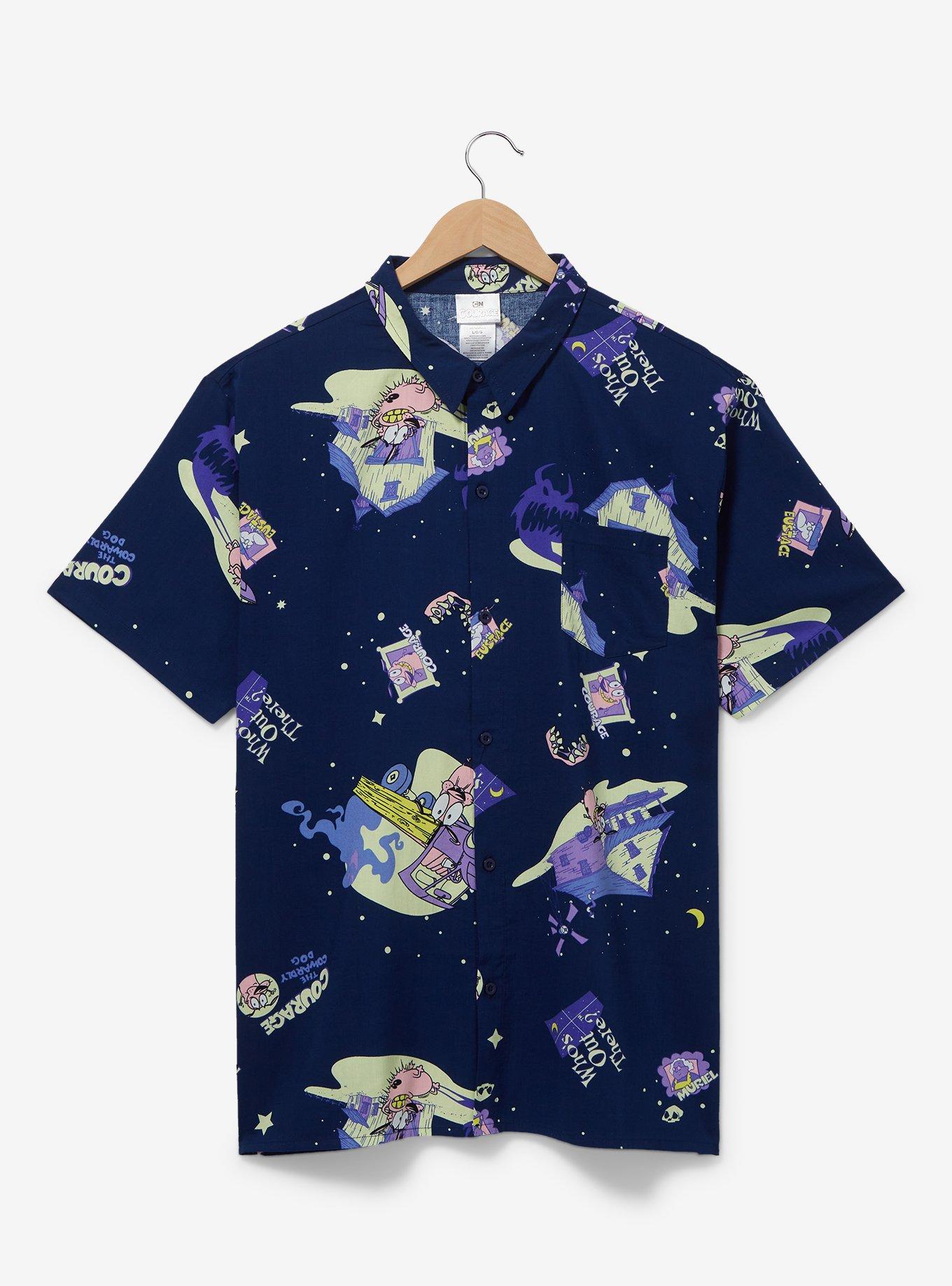 Courage the Cowardly Dog Scenic Allover Print Woven Button Up - BoxLunch Exclusive, NAVY, hi-res