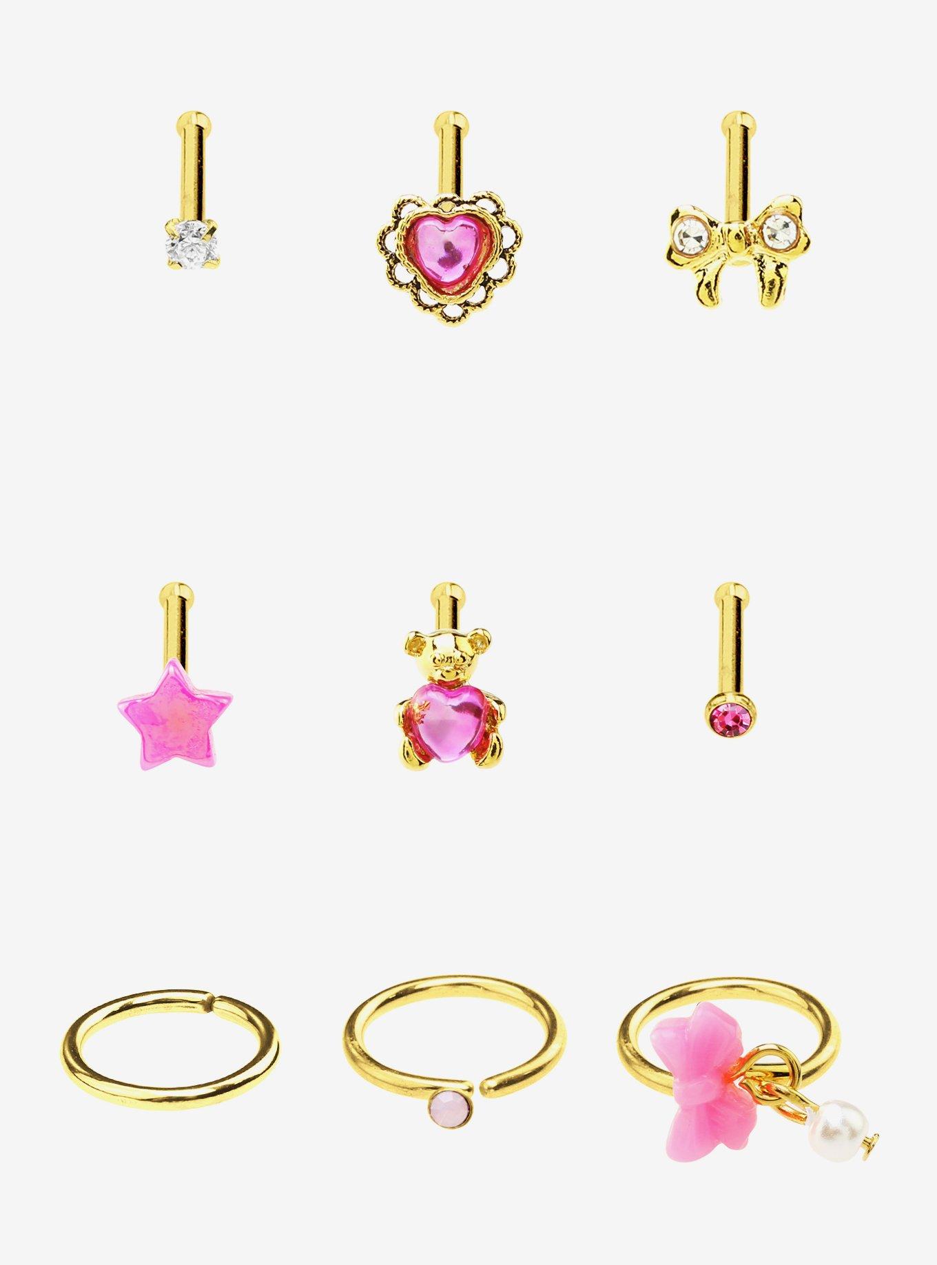 Steel Bear Bow Gem Nose Stud & Hoop 9 Pack, MULTI, hi-res