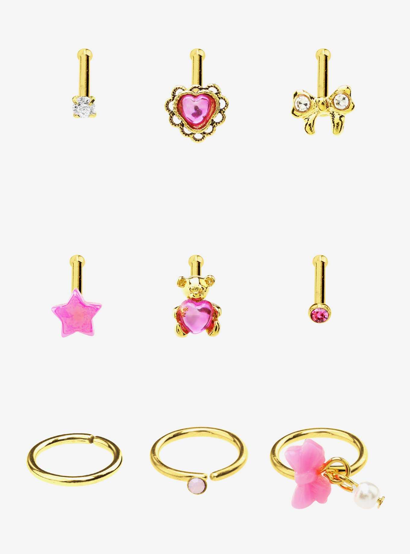 Steel Bear Bow Gem Nose Stud & Hoop 9 Pack, , hi-res