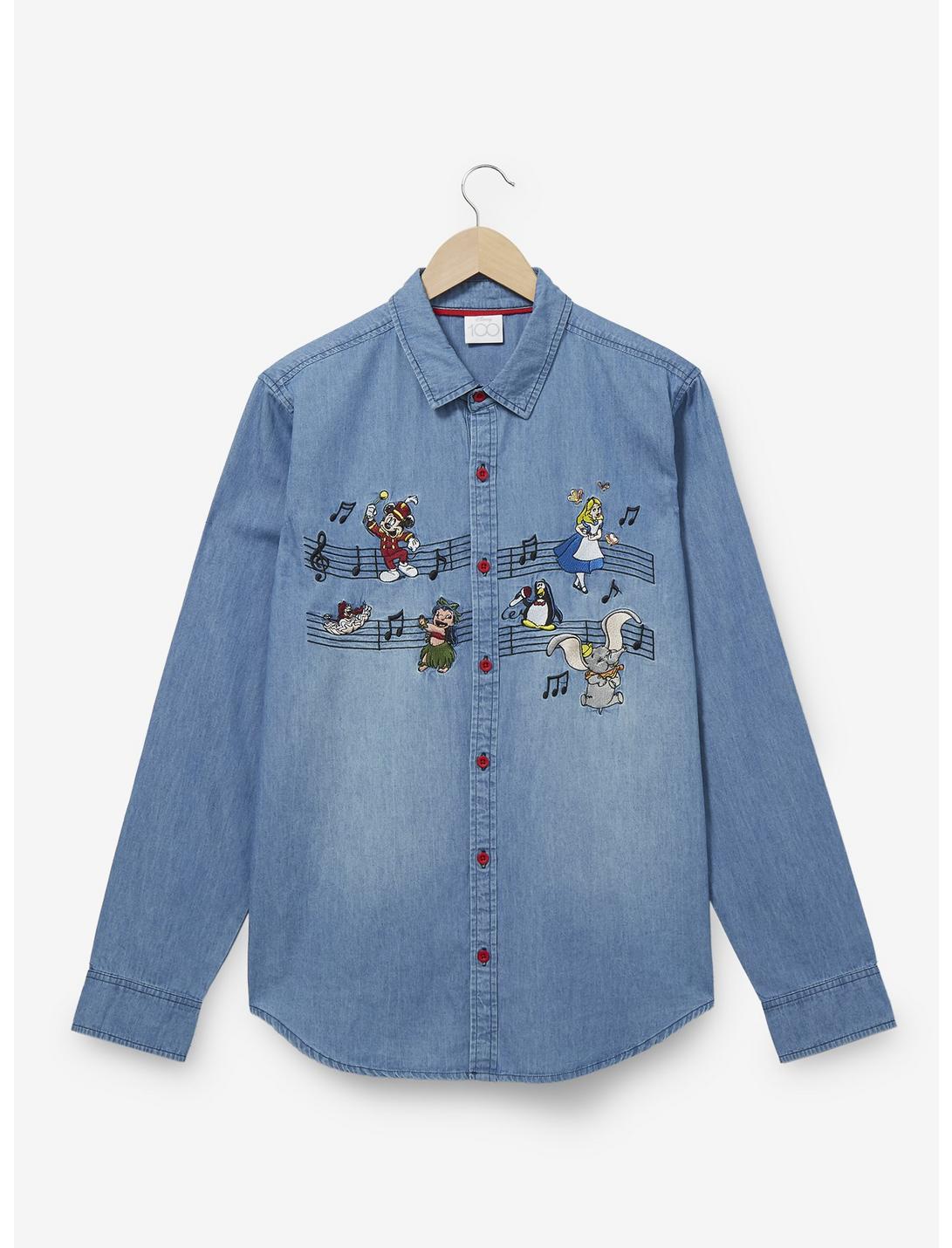 Disney 100 Characters Music Notes Denim Woven Button-Up - BoxLunch Exclusive, LIGHT BLUE, hi-res