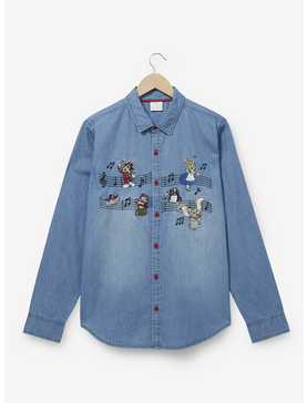 Disney 100 Characters Music Notes Denim Woven Button-Up - BoxLunch Exclusive, , hi-res