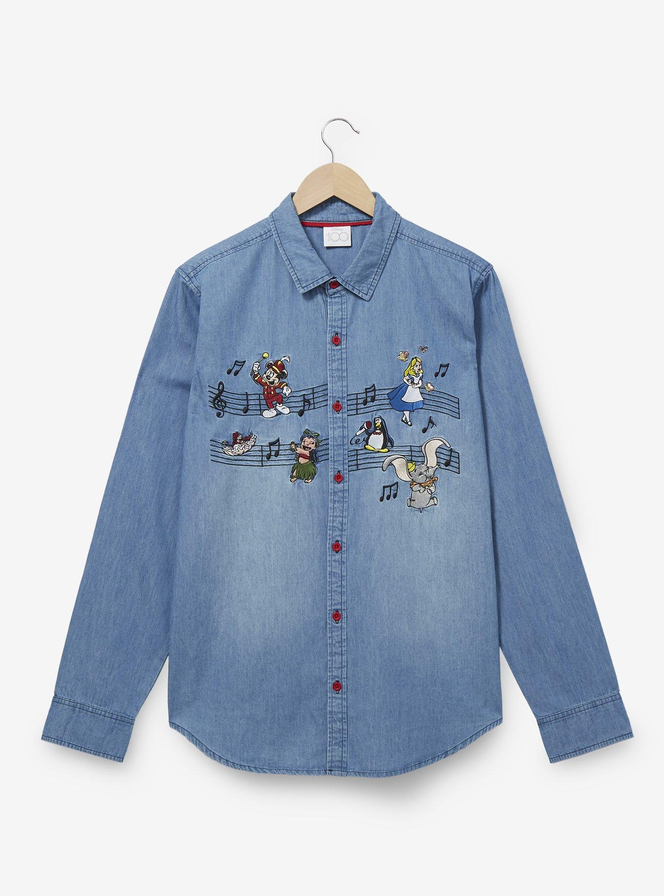 Disney 100 Characters Music Notes Denim Woven Button-Up - BoxLunch Exclusive, LIGHT BLUE, hi-res