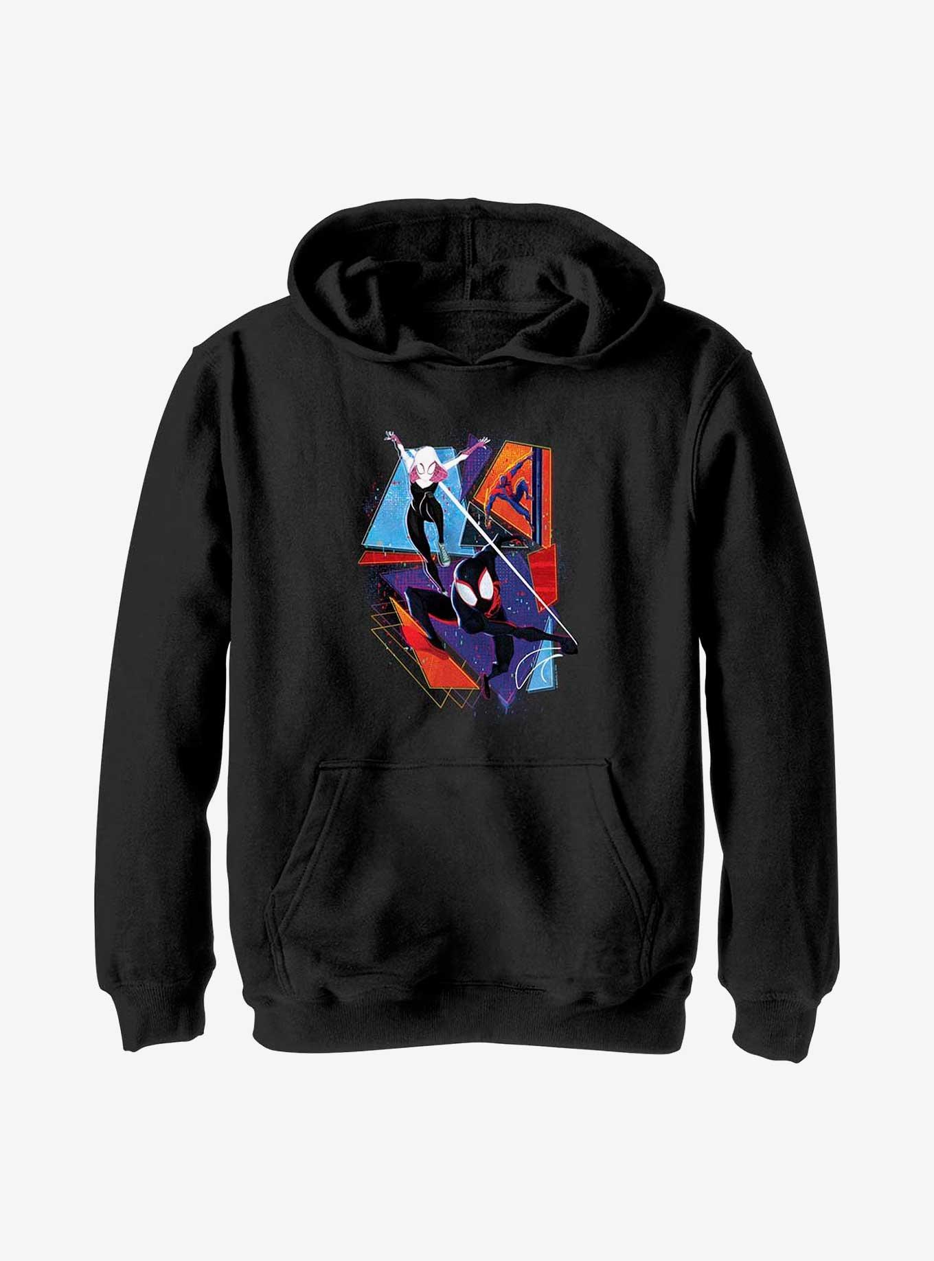 Marvel Spider Man Across the Spider Verse Spider Gwen Miguel O Hara and Miles Morales Poster Youth Hoodie BLACK BoxLunch