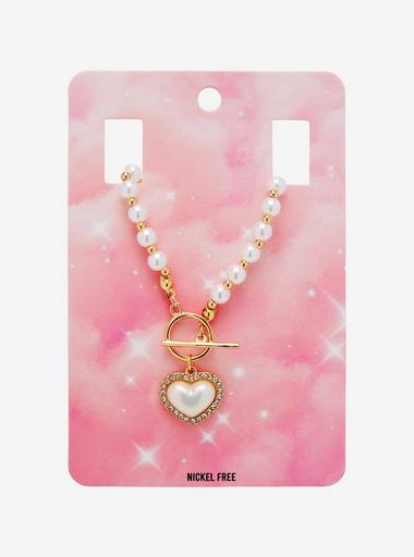 [GET ME BLING] 韓国☆Color Heart Pearl Necklace Pearl Heart Rhinestone Necklace / Pearl Heart Charm Necklace
